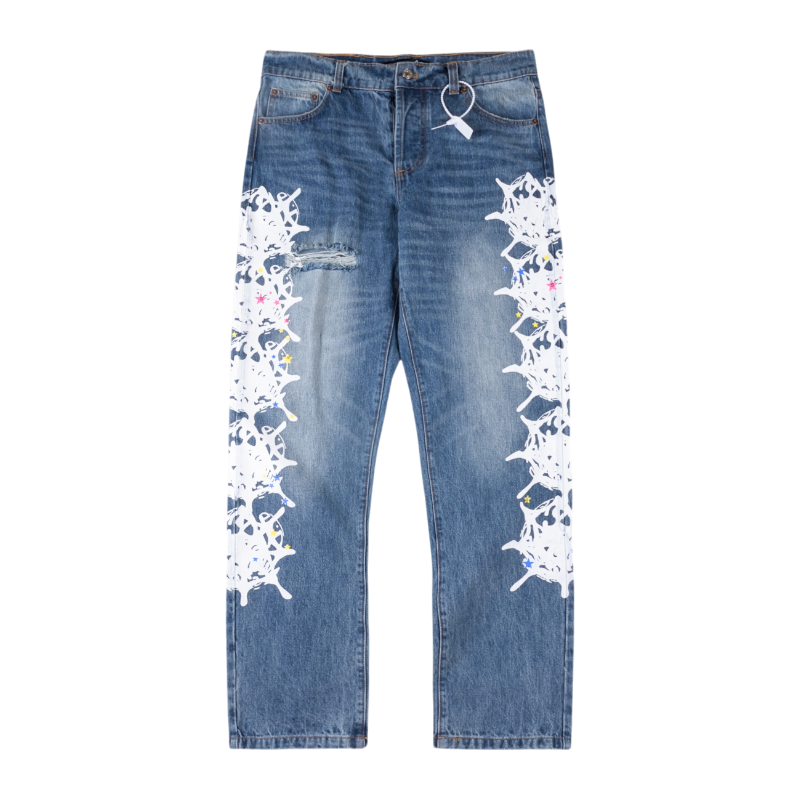 Sp5der Vintage Web Jean Denim featuring a premium distressed blue wash with iconic white web graphic print detail.