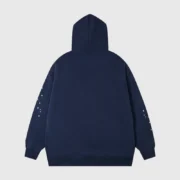 Back view of the Navy Blue Sp5der OG Web Hoodie featuring a relaxed fit and streetwear design aesthetic.