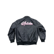 Back view of the black SP5DER leather jacket featuring a debossed spider web pattern and studded detailing.