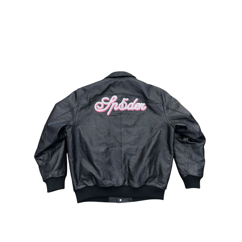 Back view of the black SP5DER leather jacket featuring a debossed spider web pattern and studded detailing.