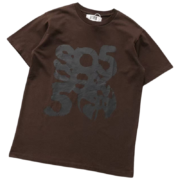 Front view of the brown Sp5der Sp5 Sex T-shirt featuring a bold graphic design on premium streetwear fabric.