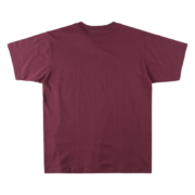 The back view of the maroon SP5DER WORLDWIDE 5EX tee shirt, showing the plain solid fabric construction and fit.