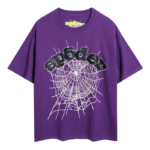 Dark purple SP5DER Young Thug graphic t-shirt featuring a distinctive cobweb design and premium streetwear aesthetic.