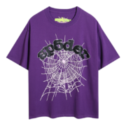 Dark purple SP5DER Young Thug graphic t-shirt featuring a distinctive cobweb design and premium streetwear aesthetic.