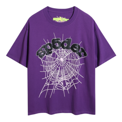 Dark purple SP5DER Young Thug graphic t-shirt featuring a distinctive cobweb design and premium streetwear aesthetic.