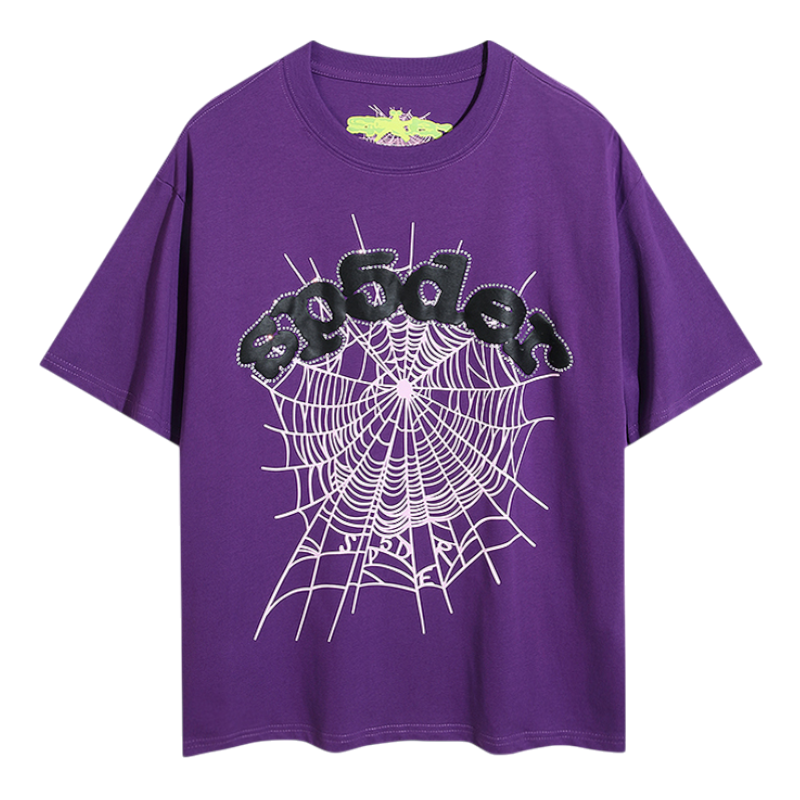 SP5DER Young Thug T Shirt Dark Purple Graphic Logo Dark purple SP5DER Young Thug graphic t-shirt featuring a distinctive cobweb design and premium streetwear aesthetic.