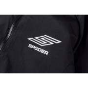 Close-up view of the white SP5DER logo printed on the black fabric of the Pro windbreaker jacket design.