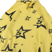 Front view of the vibrant yellow Sp5der 5Star hoodie with iconic black star print and relaxed unisex fit design.