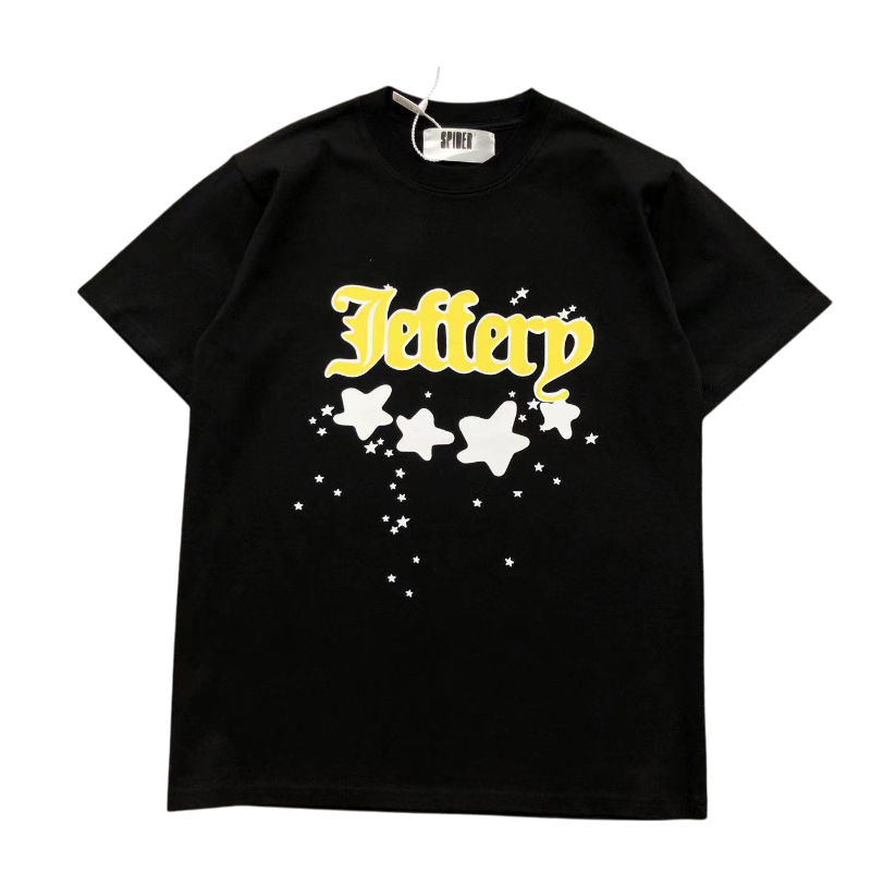 Sp5der Jeffery Heavyweight black t-shirt featuring a bold yellow graphic logo and white star print design front view