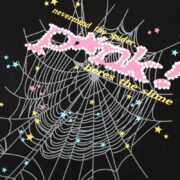 Detailed graphic close-up of the Sp5der Web Pink Print T-shirt showing the signature spider web design and lettering.