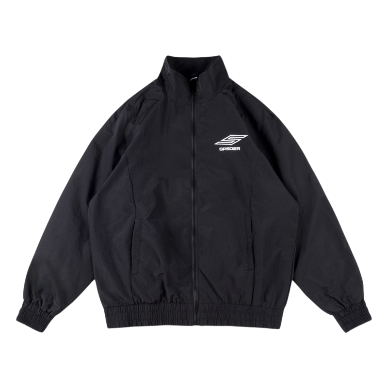 A sleek black Sp5der Pro windbreaker jacket for men featuring a modern design and white brand logo on the chest.