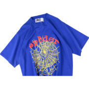 Front view of the Royal Blue Sp5der OG Web V2 T-shirt, featuring the iconic yellow spider web graphic design.