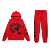 Vibrant red Sp5der Beluga hoodie and jogger set featuring a bold loose fit design for a modern urban street style look.