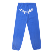 Back view of the royal blue Sp5der Websuit sweatpants featuring the signature white branded logo print.