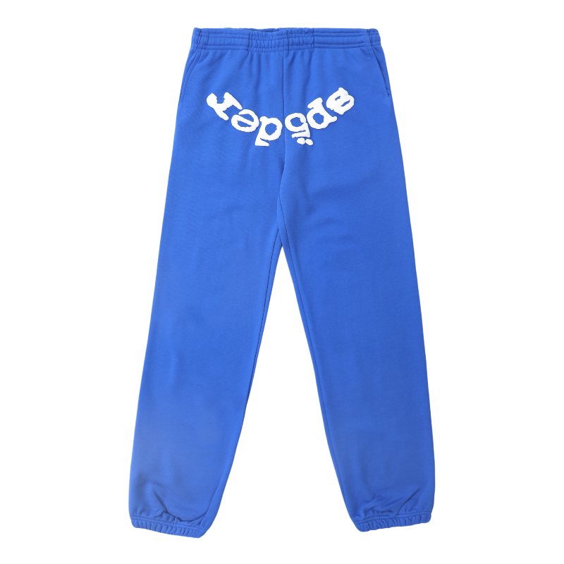 Back view of the royal blue Sp5der Websuit sweatpants featuring the signature white branded logo print.