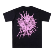 Black SP5DER Worldwide Web t-shirt viewed from the back featuring a prominent pink spiderweb graphic design print.
