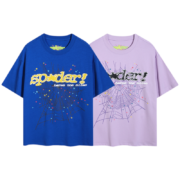 Royal blue and purple Sp5der Summer Sports T-shirts featuring a spider web graphic print for athletic performance.