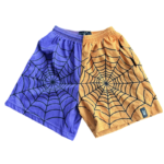 Lost Files Split Sp5der Web Shorts in purple and orange featuring a bold, dual-tone spider web graphic design.
