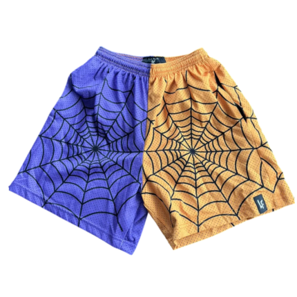 Lost Files Split Sp5der Web Shorts in purple and orange featuring a bold, dual-tone spider web graphic design.