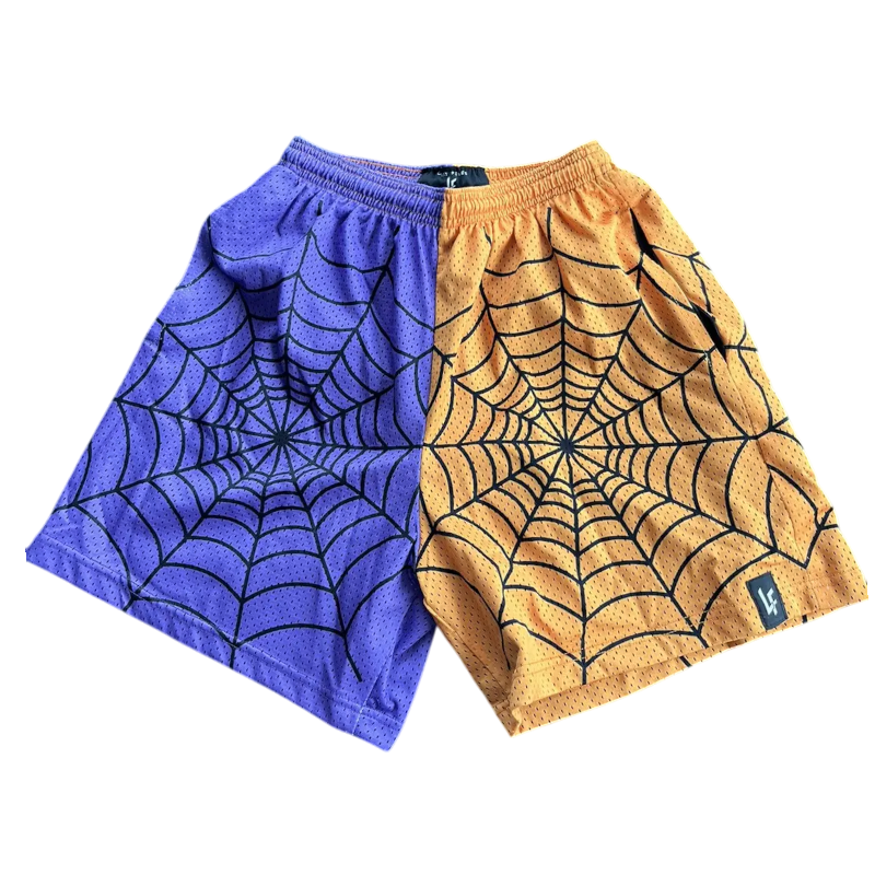 Lost Files Split Sp5der Web Shorts in purple and orange featuring a bold, dual-tone spider web graphic design.