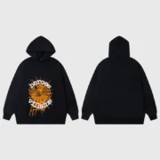 Sp5der x Metro Boomin Heroes & Villains black hoodie featuring iconic spider web graphic print design on front view.