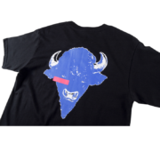 Back view of the black SP5DER L'Araignee T-shirt featuring a prominent blue buffalo graphic with a pink eye detail.