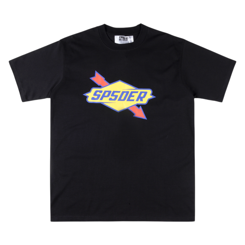 Front view of the Sp5der The Spot Tee in black, featuring a bold graphic logo design on high-quality cotton fabric.