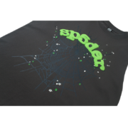 Sp5der Wait Web T-shirt in black with signature green logo branding and intricate web and star graphic detailing.
