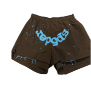 Sp5der OG Web Double Layer Shorts in brown featuring a signature blue Sp5der logo and unique streetwear web graphics.