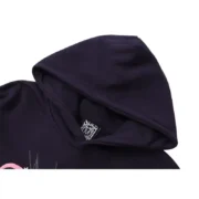 Close-up view of the hood detail on a premium navy blue Sp5der Atlanta hoodie with a comfortable, high-quality fabric.