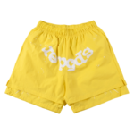Front view of vibrant yellow Sp5der OG Web double-layer shorts featuring a white signature graphic design and elastic waist.
