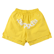 Front view of vibrant yellow Sp5der OG Web double-layer shorts featuring a white signature graphic design and elastic waist.