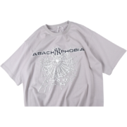 Gray Sp5der Arach NY Phobia graphic tee featuring a prominent spiderweb design and streetwear-inspired typography.
