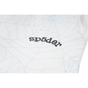 Close-up of the heather grey Sp5der AOP web sweatpants featuring the signature Sp5der web print and brand logo design.