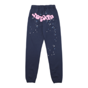 Blue Sp5der Atlanta sweatpants featuring a distressed pink logo and star pattern details on a premium cotton blend.