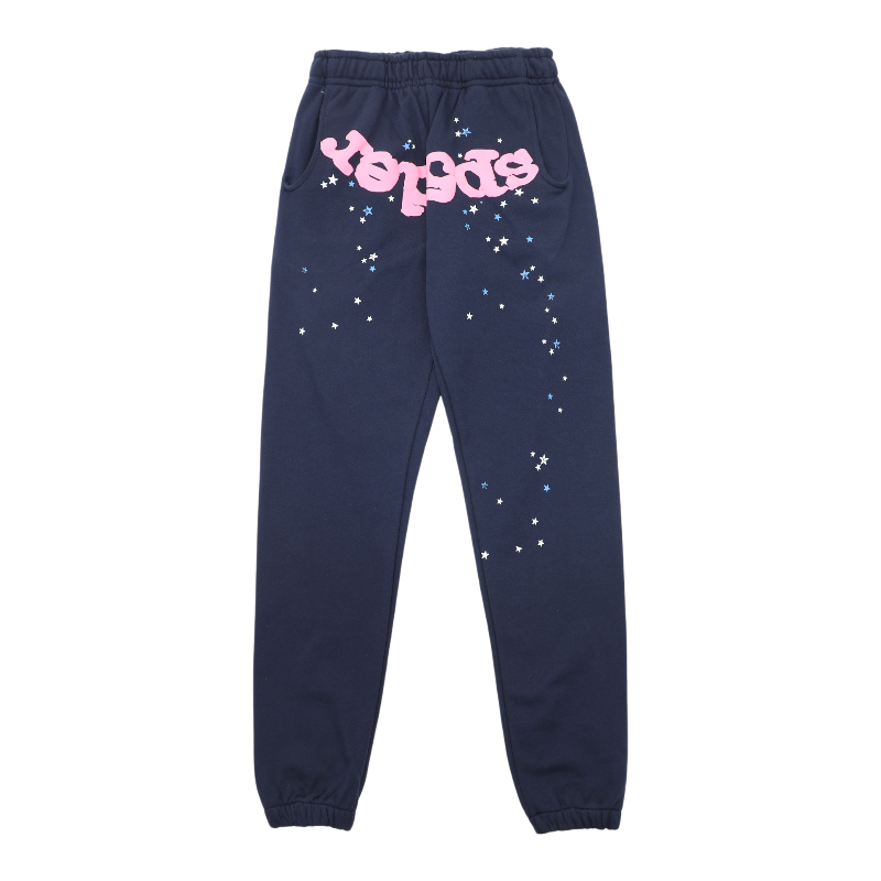 Blue Sp5der Atlanta sweatpants featuring a distressed pink logo and star pattern details on a premium cotton blend.