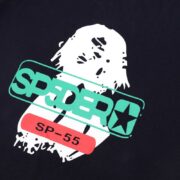 Close-up view of the iconic Sp5der Reunion 555 logo graphic featured on a premium black cotton graphic t-shirt.