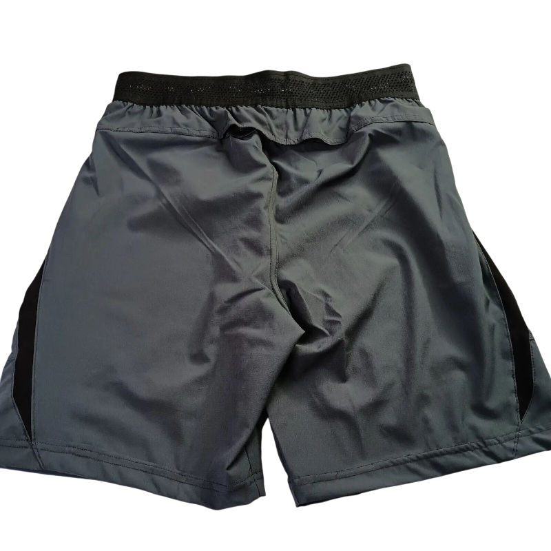Back view of Sp5der Active TECH performance shorts in gray, featuring moisture-wicking fabric and athletic fit.
