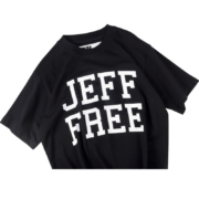 Black SP5DER Jeff Free graphic streetwear t-shirt with bold white lettering and a relaxed oversized fit design.