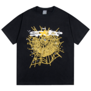 Front view of a black SP5DER web print T-shirt featuring an edgy gothic punk aesthetic and a signature spider web design.