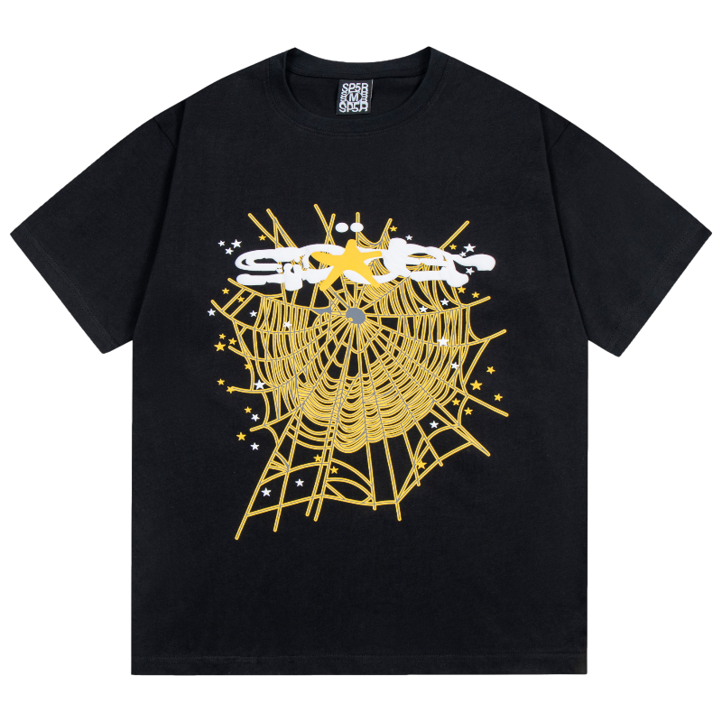 Front view of a black SP5DER web print T-shirt featuring an edgy gothic punk aesthetic and a signature spider web design.