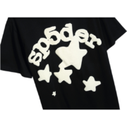 Sp5der Worldwide Star Beluga black t-shirt featuring a prominent white graphic design with stars on a premium cotton fabric.