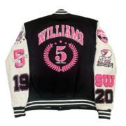 The back view of the SP5DER Division 5 varsity jacket featuring bold pink graphic details and a classic athletic design.