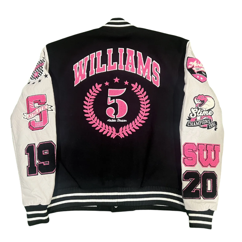 The back view of the SP5DER Division 5 varsity jacket featuring bold pink graphic details and a classic athletic design.