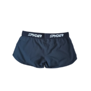 Back view of black Sp5der unisex Vista running shorts with white branded elastic waistband on a plain background.