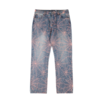 Front view of Sp5der AOP Vintage 501 Denim Jeans featuring a signature pink spiderweb all-over print design.