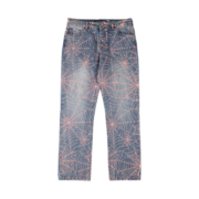 Front view of Sp5der AOP Vintage 501 Denim Jeans featuring a signature pink spiderweb all-over print design.