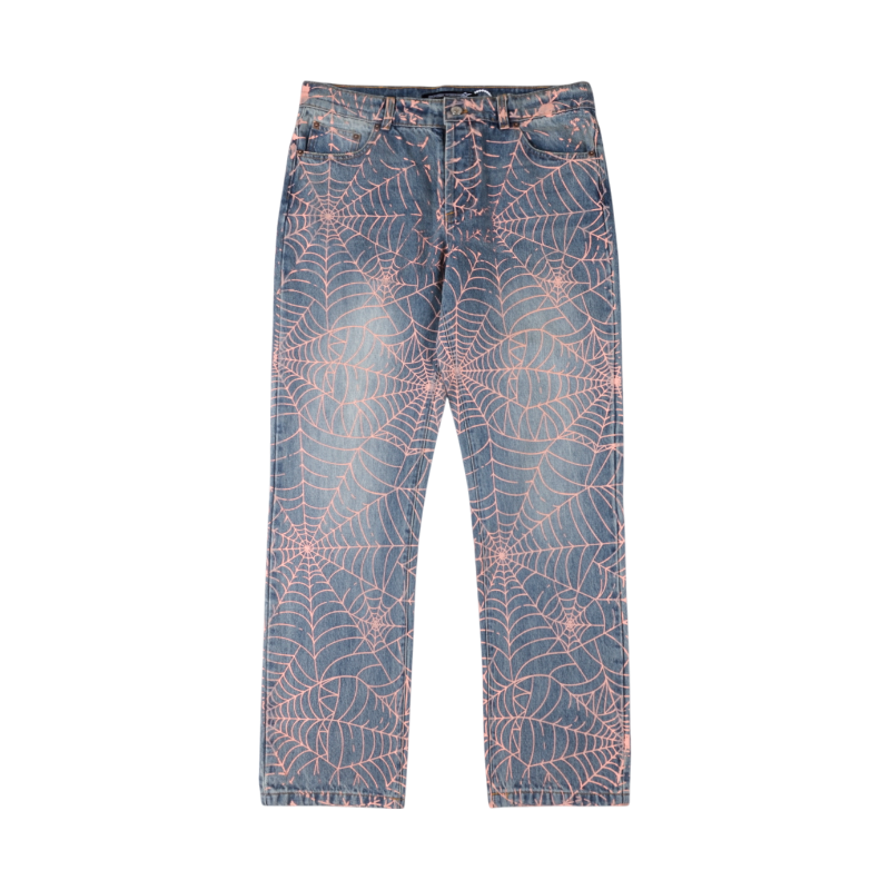 Front view of Sp5der AOP Vintage 501 Denim Jeans featuring a signature pink spiderweb all-over print design.