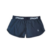 Front view of the Sp5der unisex Vista running shorts in black, featuring a branded waistband and small spider logo.