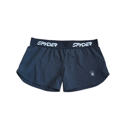 Front view of the Sp5der unisex Vista running shorts in black, featuring a branded waistband and small spider logo.
